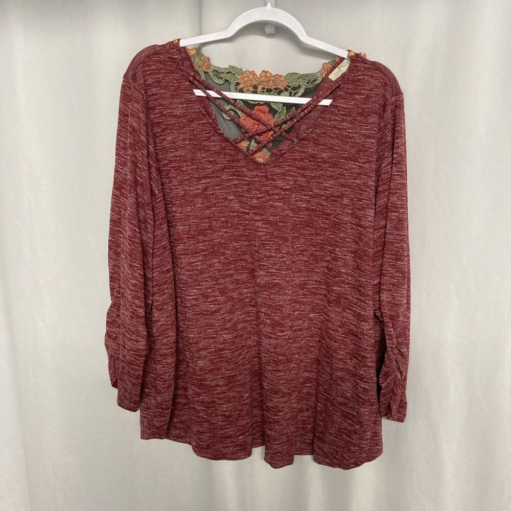 TORALETTE heathered maroon multicolor floral embroidered ruched sleeve top 3X